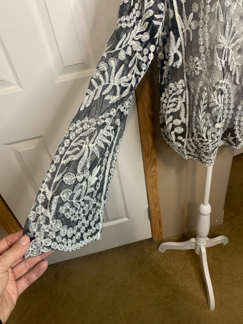 BOHO Sheer Black Blouse with White Floral Embroidery Scoop Neck Scallop Hems - Picture 4 of 7
